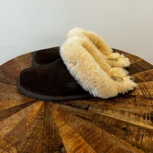 UGG Chocolate Brown Scuffette Suede Sheepskin Slides